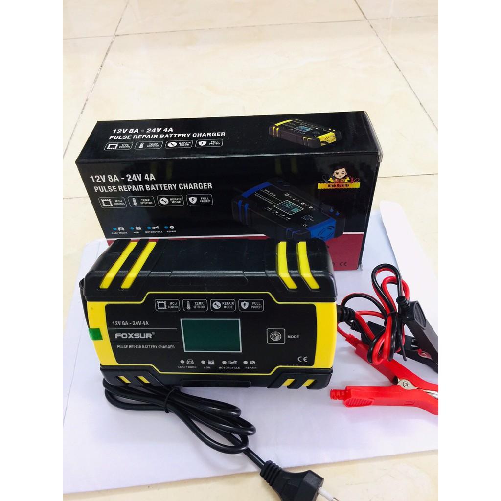 Sạc bình ắc quy 12V-8A,24V-4A FOXSUR từ 4Ah đến 150Ah có khử sunfat phục hồi bảo dưỡng bình, thông minh tự ngắt khi đầy