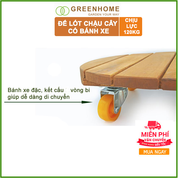 Đế lót chậu bằng gỗ Greenhome có bánh xe Tròn R30cm chịu lực 120kg