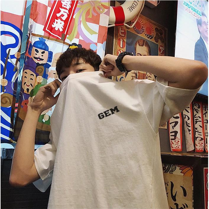 Áo thun unisex form rộng nam nữ tay lỡ chữ GEM vải dày mịn