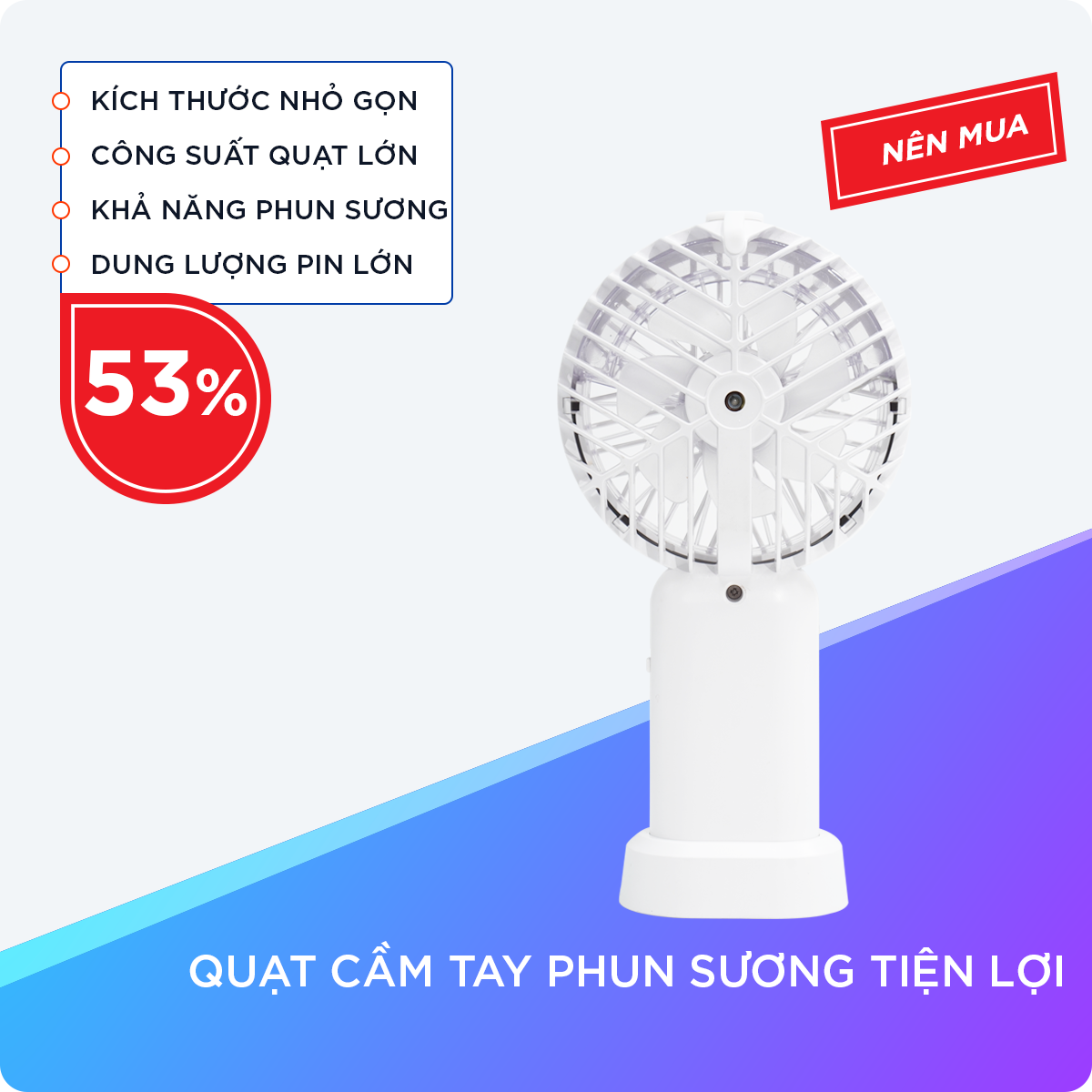 Quạt Cầm Tay Phun Sương Với 3 Mức Độ Gió Điều Khiển Bằng Nút Nhấn, Dung Lượng Pin Lên Đến 2000mAh, Công Suất 3.7W