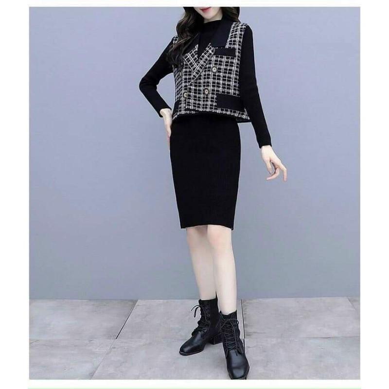 SÉT ĐẦM LEN PHỐI CARO CAO CẤP