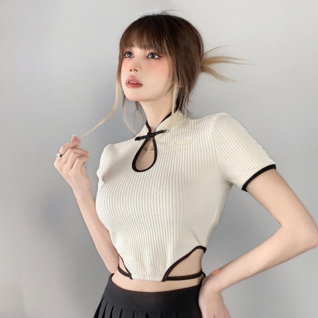 Áo croptop tay ngắn HAGA áo cổ tàu nữ buộc eo xinh xắn CTBL51