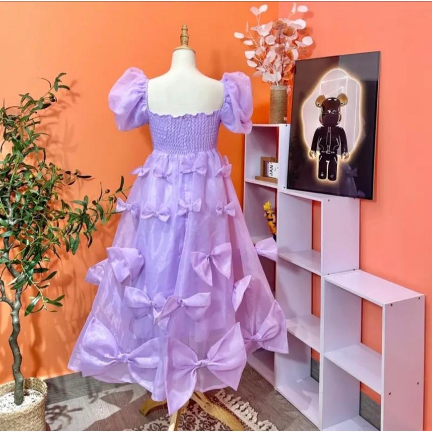 Đầm maxi tơ lụa tay phồng nhiều nơ siêu hot