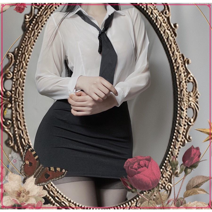 Cosplay thư kí sexy set sơ mi kèm chân váy xẻ quyến rũ