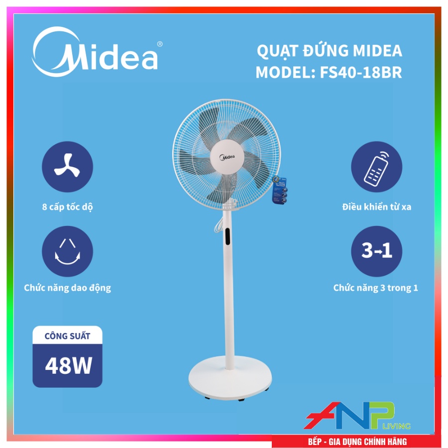 Quạt Đứng 5 Cánh Midea FS40-18BR (Động cơ inverter Công Suất 48W - 8 Cấp Gió - Màn hình LED - Có Điều Khiển Từ Xa) - Hàng Chính Hãng