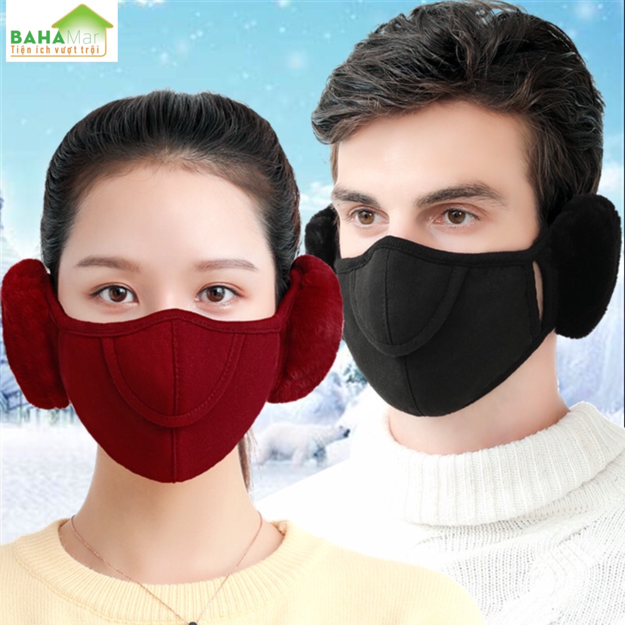 KHẨU TRANG TAI GẤU 2 TRONG 1 BAHAMAR kết hợp giữa khẩu trang và che bịt tai rất tiện và giữ ấm tốt khi ra ngoài vào mùa Đông lạnh