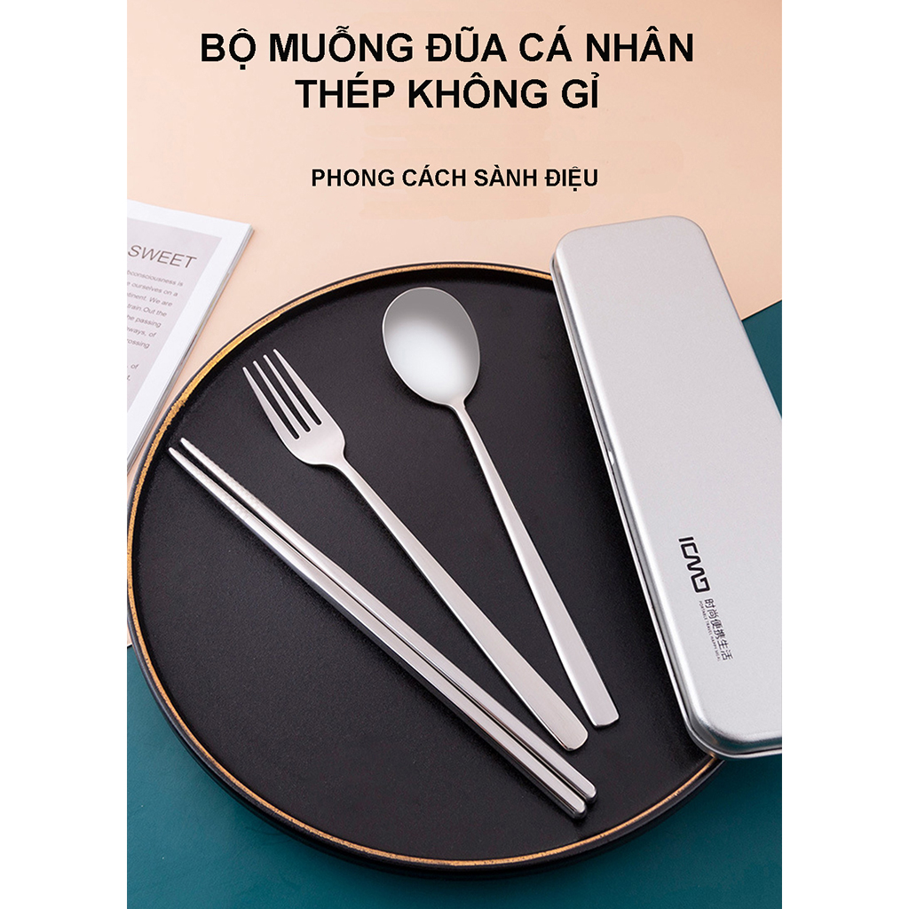 Bộ Muỗng Đũa Cá Nhân Thép Không Gỉ Dùng Cho Văn Phòng, Đi Cắm Trại Dã Ngoại Phù Hợp Cho Nam Và Nữ - TẶNG TÚI CHỐNG SỐC