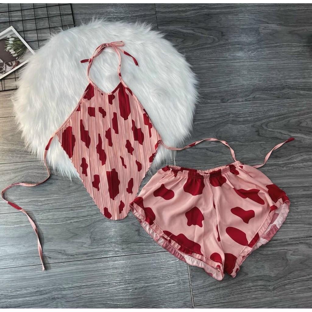 Sét bộ ngủ lụa áo yếm hoạ tiết bò sữa siêu hot
