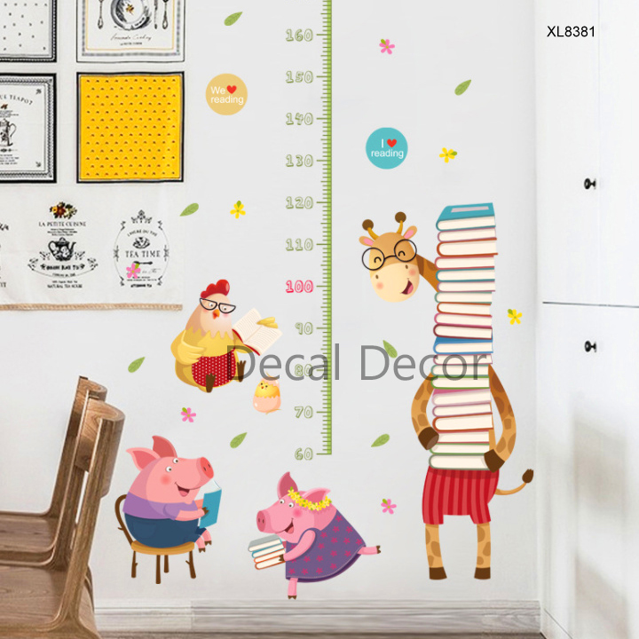 Decal dán tường thước đo chiều cao cho bé hình hươu và bạn heo dễ thương - Trang trí decor phòng cho bé - Quà Tặng sinh nhật cho trẻ