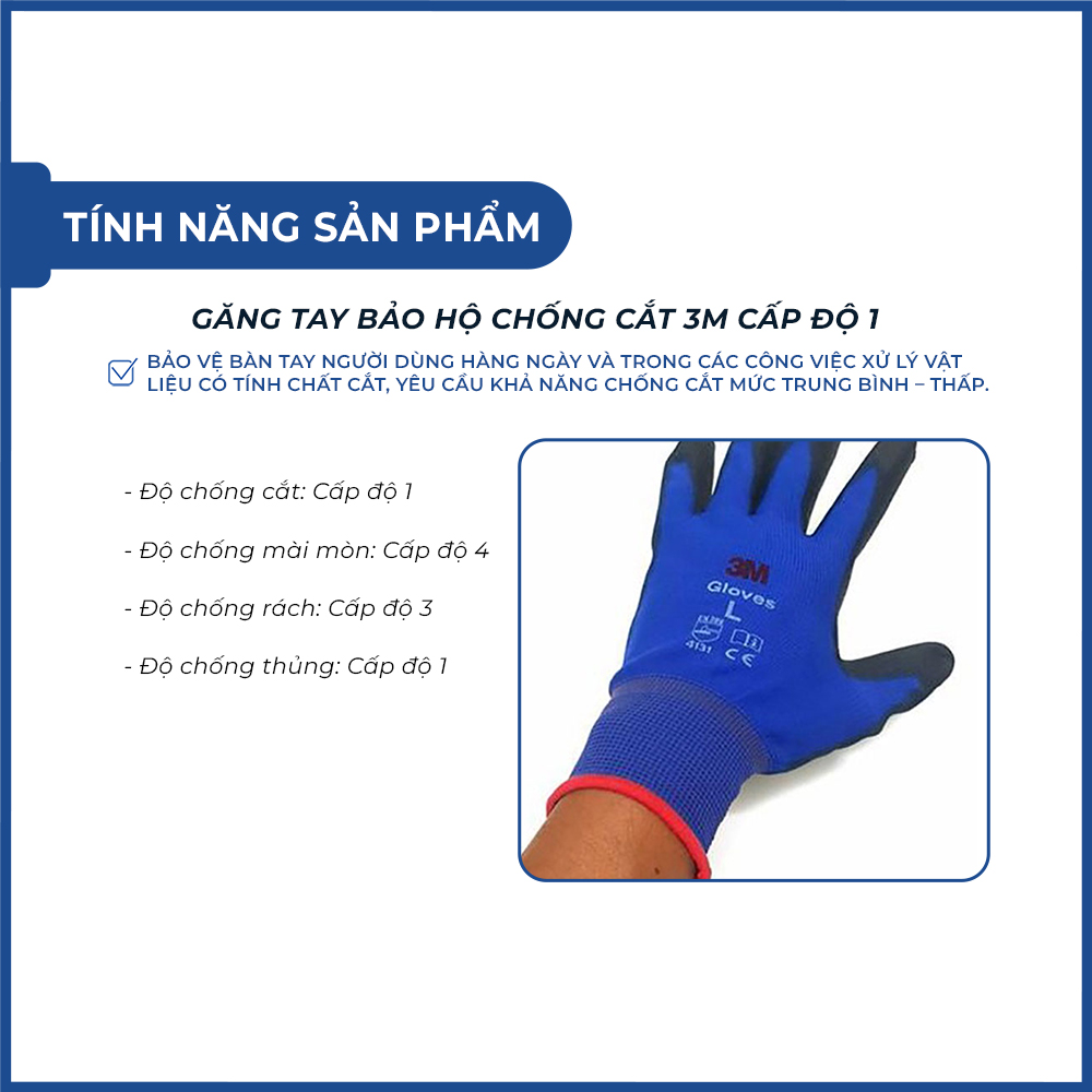 Găng tay lao động chống cắt 3M cấp độ 1 dùng cho cơ khí, bảo hộ lao động công nghiệp, đóng gói