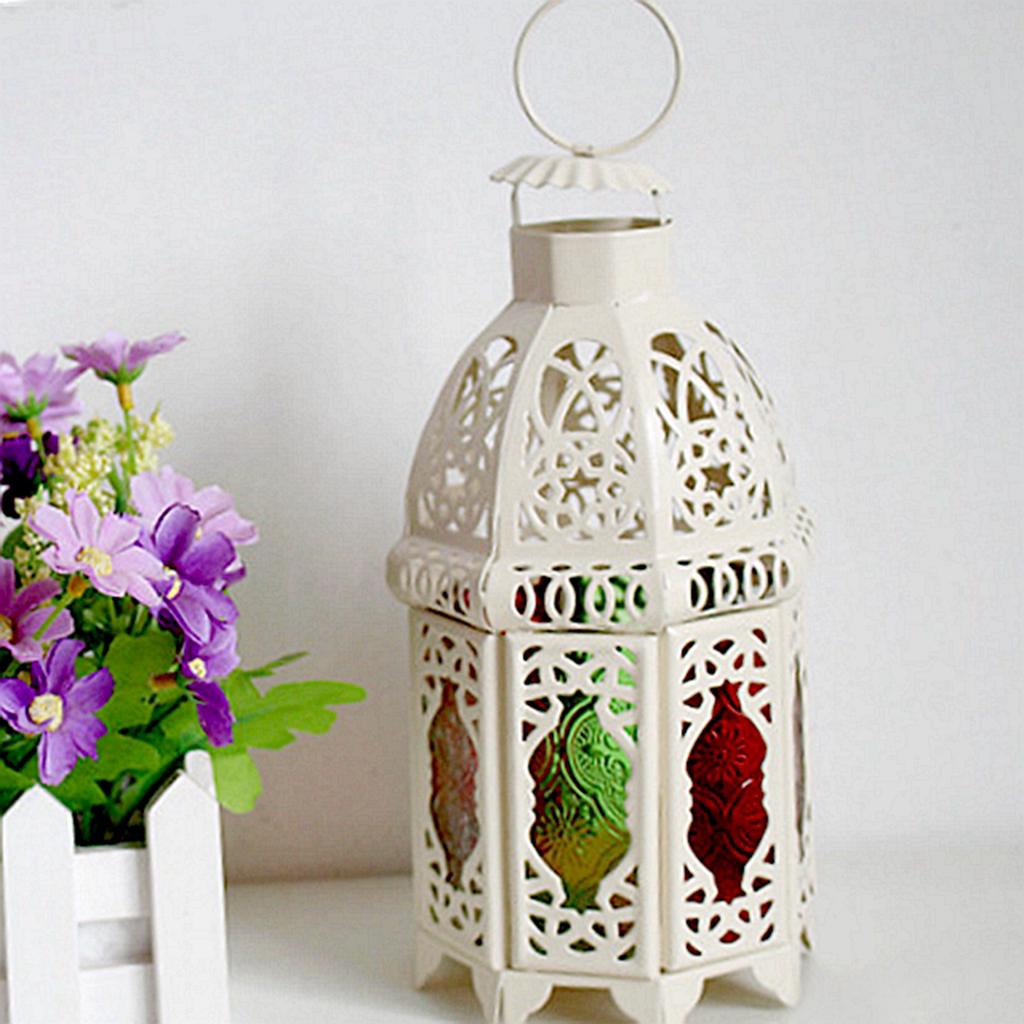 Tea Light Candle Holder Moroccan Lantern Coloured Glass Candlestick White