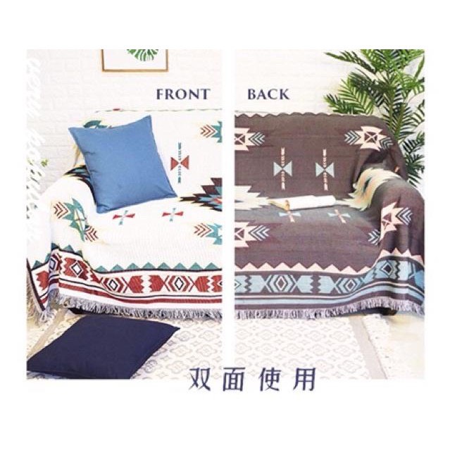 Thảm COTTON Phủ Sofa, Thảm Trang Trí Phòng Khách , Thảm Picnic HỌA TIẾT THỔ CẨM TRẮNG ĐỎ  SBK102