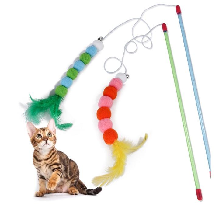 Cần câu mèo cục bông dài gắn lông vũ - Đồ chơi cho mèo vui nhộn dễ thương