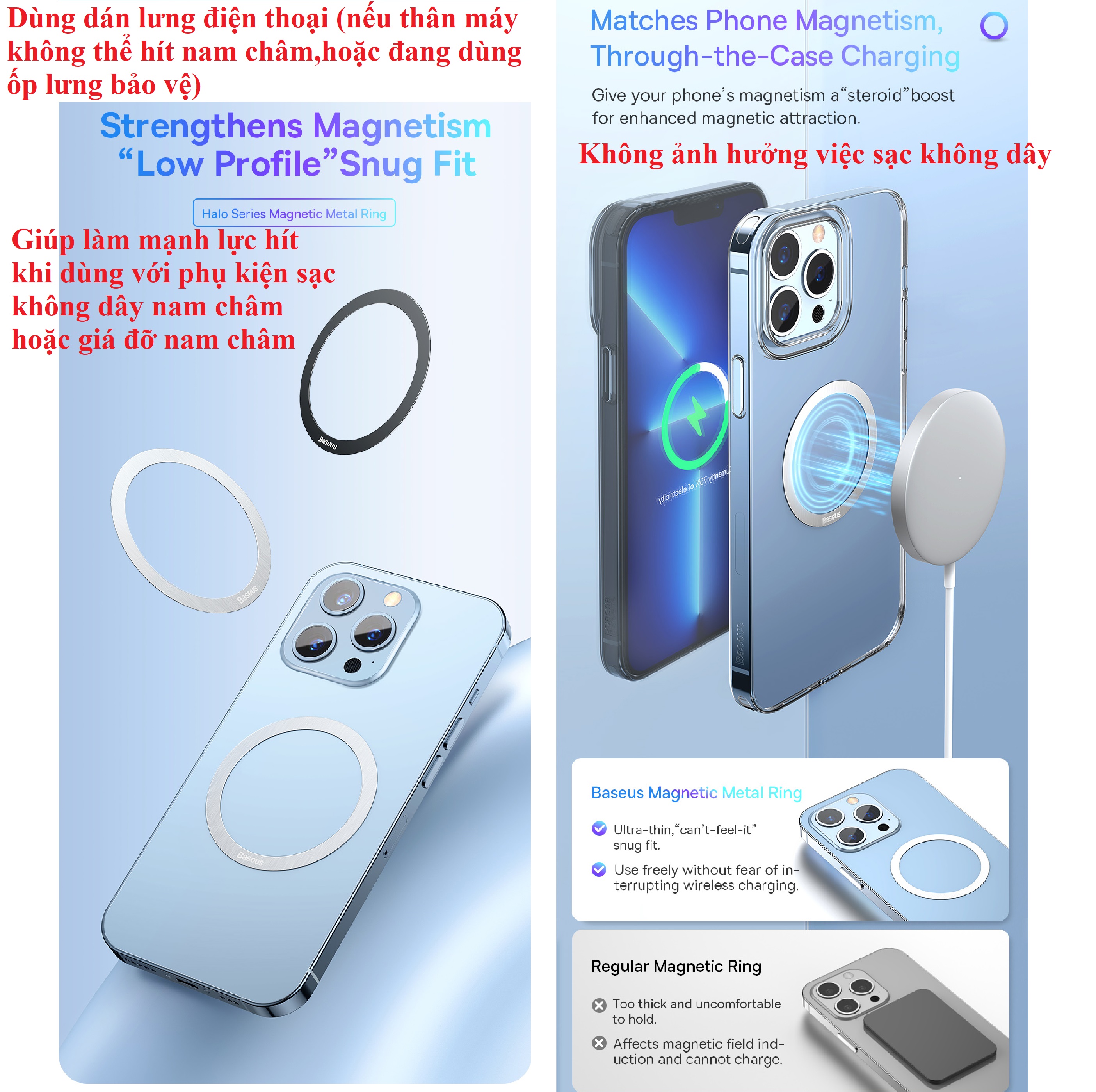 Bộ 2 vòng kim loại dán lưng điện thoại để dùng với sạc không dây nam châm hoặc hít nam châm ô tô Baseus Halo Ring _ hàng chính hãng