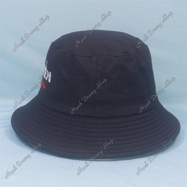 Nón tai bèo mũ bucket vành nhỏ thêu chữ Kiếm Tiền Không Kiếm Chiện - Đen