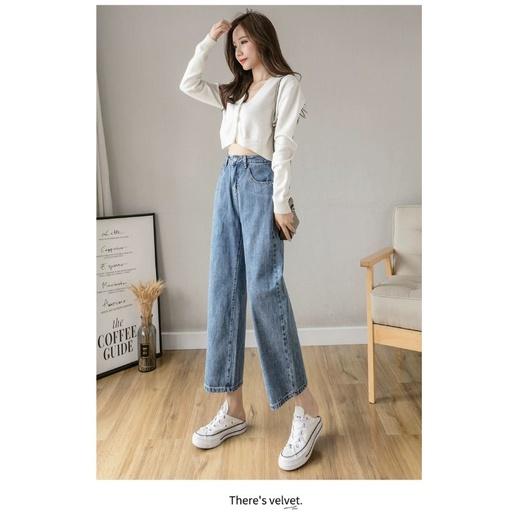 Quần bò ống rộng nữ cạp cao quần jeans ống rộng lưng cao vải bò dày đẹp dáng suông phong cách Hàn Quốc