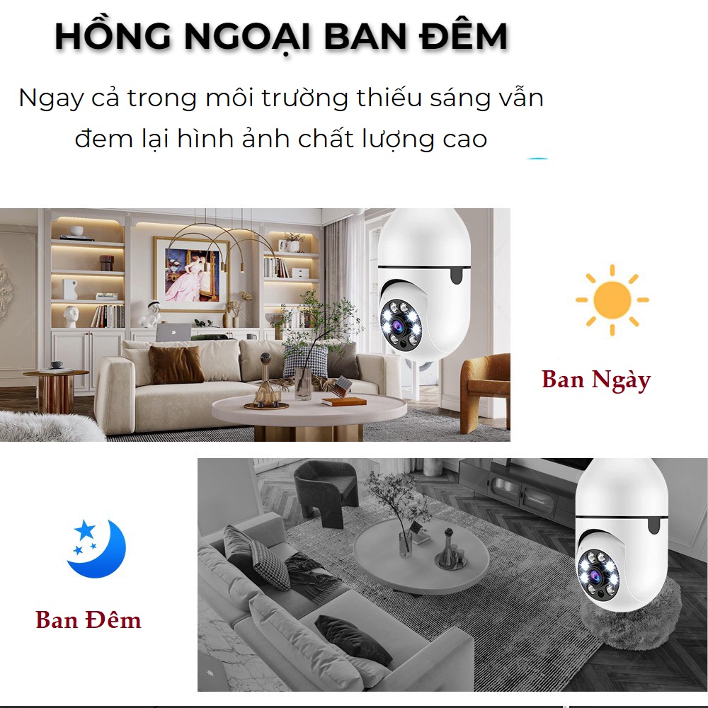 Camera An ninh WiFi Xoay 360° Gắn Đui Bóng Đèn,Tích hợp đèn Led, Đàm Thoại Hai Chiều, Báo Động Chống Trộm