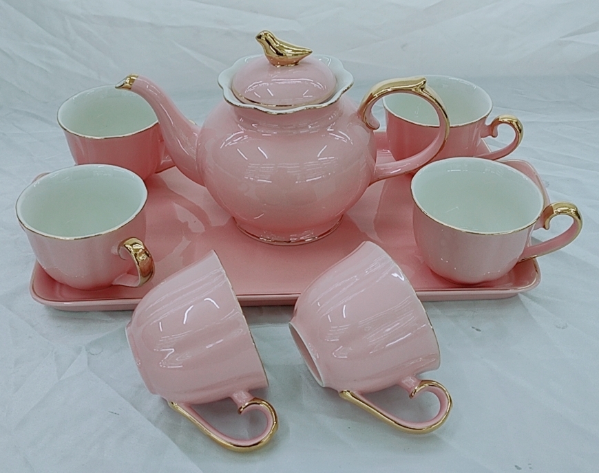 BỘ ẤM CHÉN SỨ XƯƠNG KÈM KHAY MÀU HỒNG