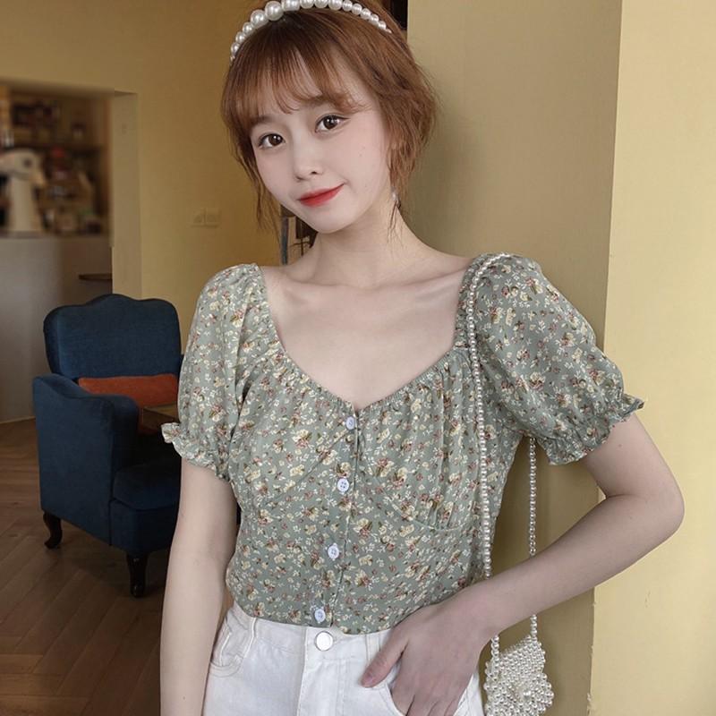 Áo Kiểu Chiffon Tay Ngắn Cổ Vuông In Họa Tiết Xinh Xắn Cho Nữ