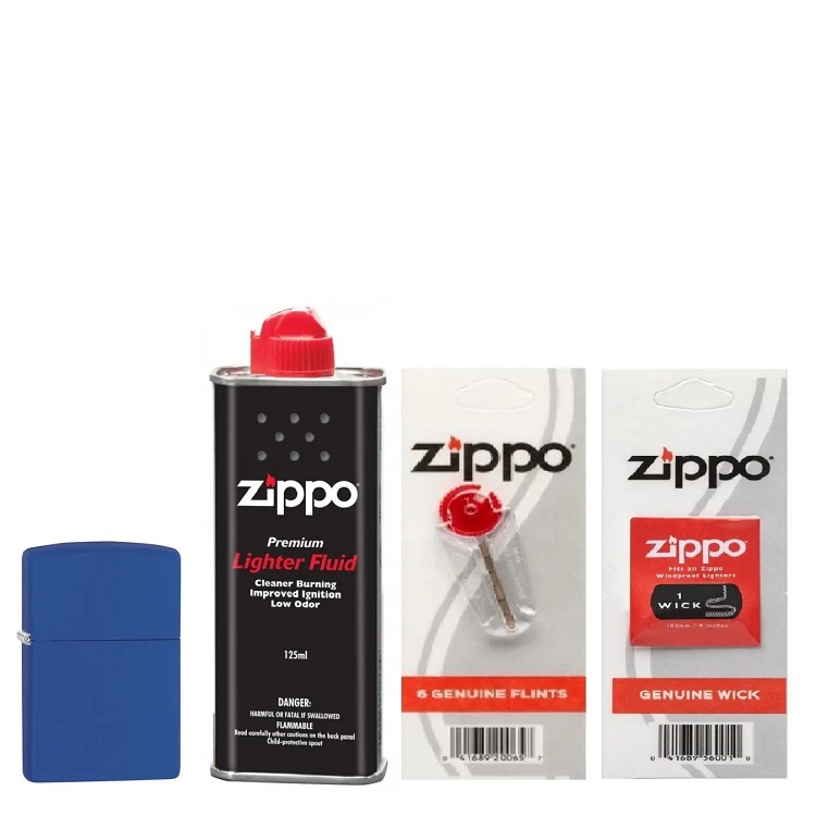 Bộ 4 sản phẩm: Bật lửa Zippo Classic Royal Blue Matte 229+Xăng+Đá+Bấc