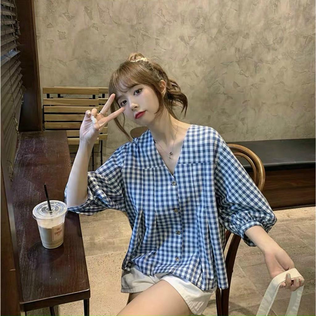 Sét Áo Peplum Caro Xanh Và Quần Short Trắng Áo Kẻ Caro Tay Lỡ Bồng Cổ Chữ V LANI SHOP