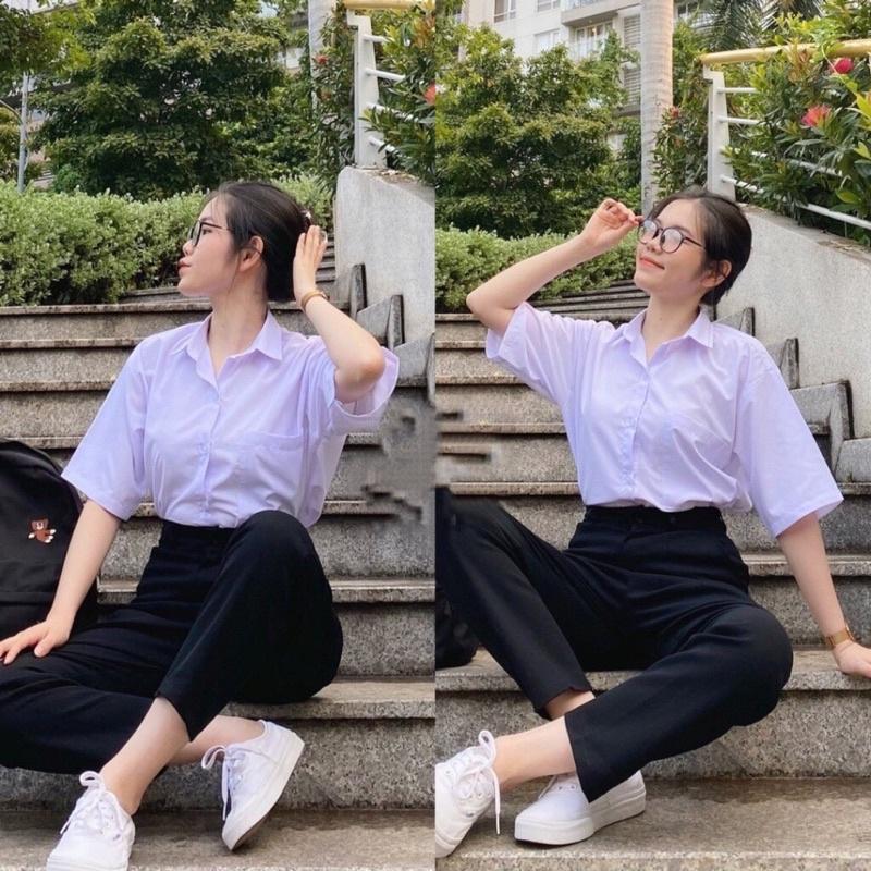 Áo Sơ Mi Nữ Form Rộng Tay Lỡ Kiểu Dáng Basic Dáng Suông Style Đi Học Hàng Loại 1