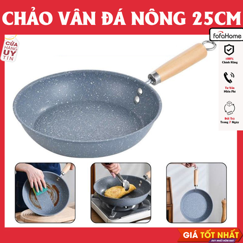 Chảo Chiên Đáy Nông Vân Đá 25cm Tay Cầm Gỗ Chảo Chống Dính Dễ Lau Chùi, Phù Hợp Mọi Loại Bếp Dẫn Nhiệt Đều Và Nhanh