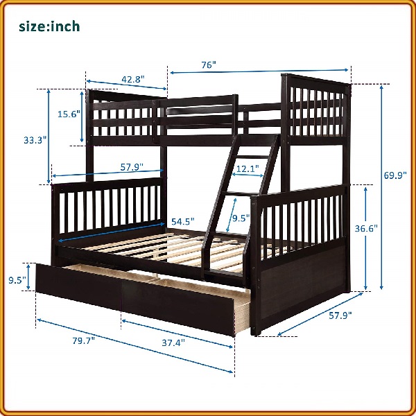 Giường 3 tầng Tundo màu nâu cầu thang treo 1m2