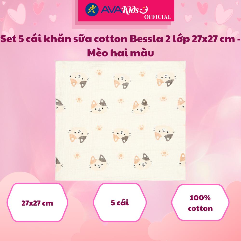 Set 5 cái khăn sữa cotton Bessla 2 lớp 27x27 cm - Mèo hai màu - Hàng Chính Hãng