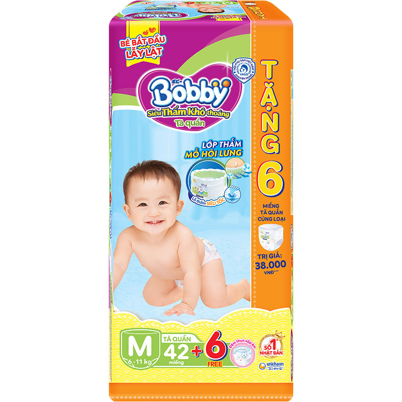 Tã Quần Bobby - Đệm Lưng Thấm Mồ Hôi M42 (42 Miếng) Tặng 6 Miếng Tã Quần Size M