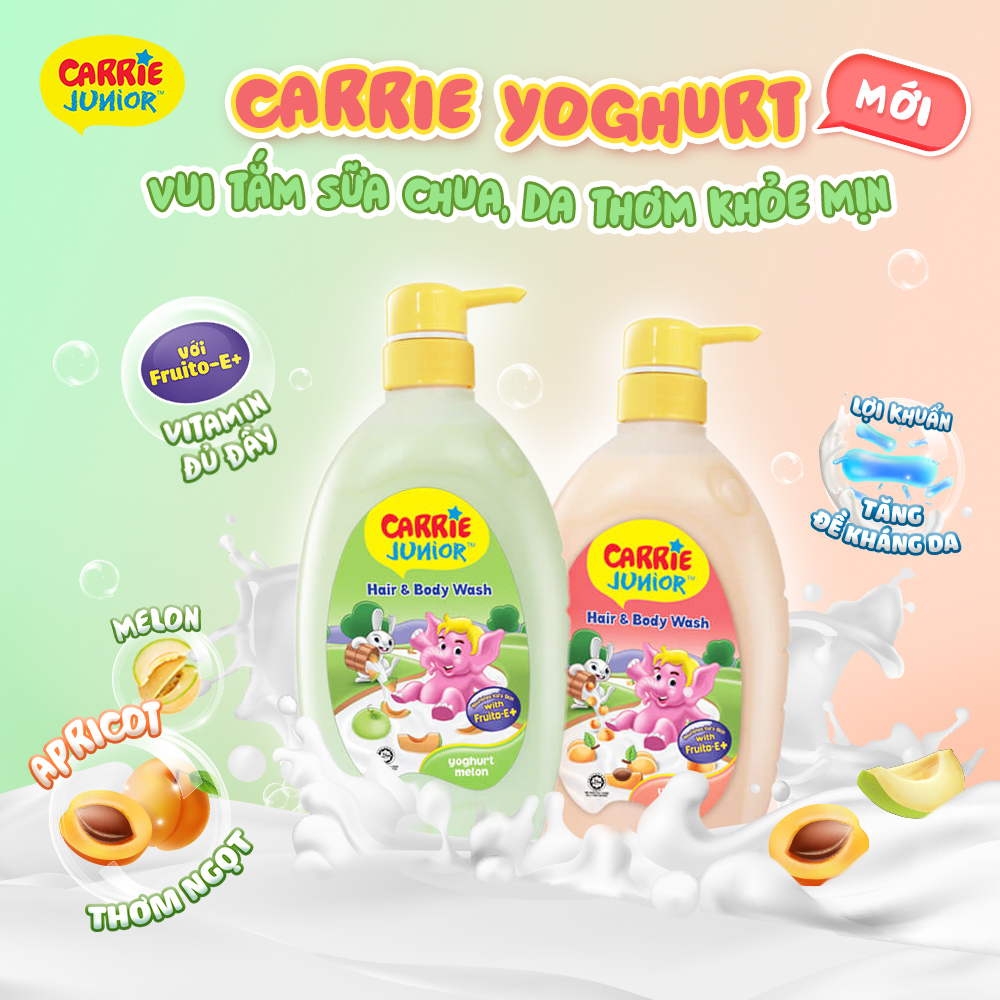 [TẶNG KÈM Voi bông | màu ngẫu nhiên] Chai Sữa Tắm Gội Cho Bé Carrie Junior Yoghurt hương Melon 700g