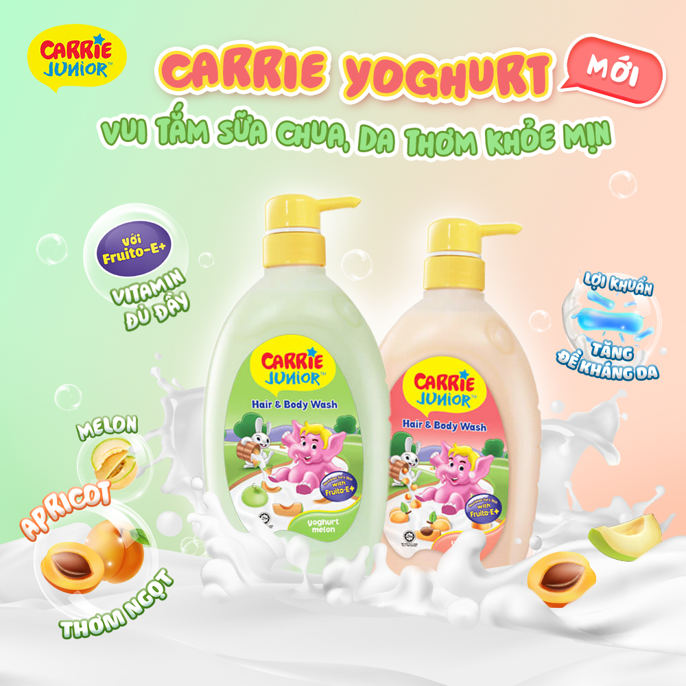 Combo 2 chai Sữa Tắm Gội cho bé Carrie Junior Yoghurt Hương Mơ Tây Apricot (700g/chai)