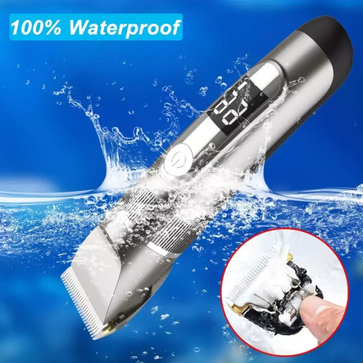 Tông Đơ Cắt Tóc Cao Cấp Màn Hình Hiện Thị Pin, Lưỡi Sứ,Pin Trâu 2000 mAh.Chống Nước,Tặng Kèm Áo và Lược Cắt Tóc + 2 Kéo Cắt Tỉa Tóc FULLBOX