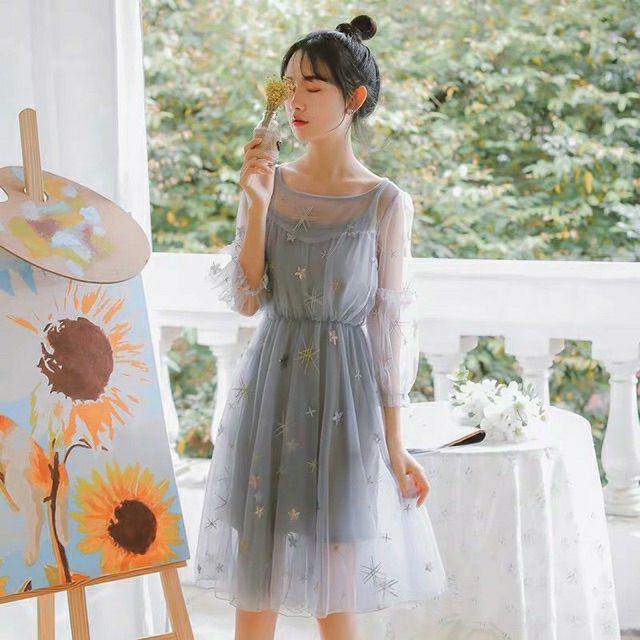 Đầm Ulzzang tiểu thư đính sao phong cách Hàn Quốc - BÁN GIÁ SỈ