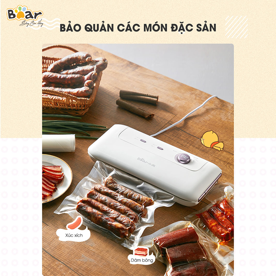 [Hàng Chính Hãng]Máy hút chân không thực phẩm Bear VS-B01V1 màu trắng công suất 130W. Lực hút mạnh, áp suất 70KPA, hút được 8L/phút. Từ đó, thực phẩm sẽ được bảo quản lên đến 2 tuần trong ngăn mát - 2 tháng trong ngăn đông đá