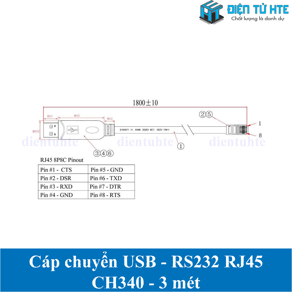 Cáp chuyển đổi USB sang RJ45 giao tiếp RS232 Console Modem - CH340 - 3 mét