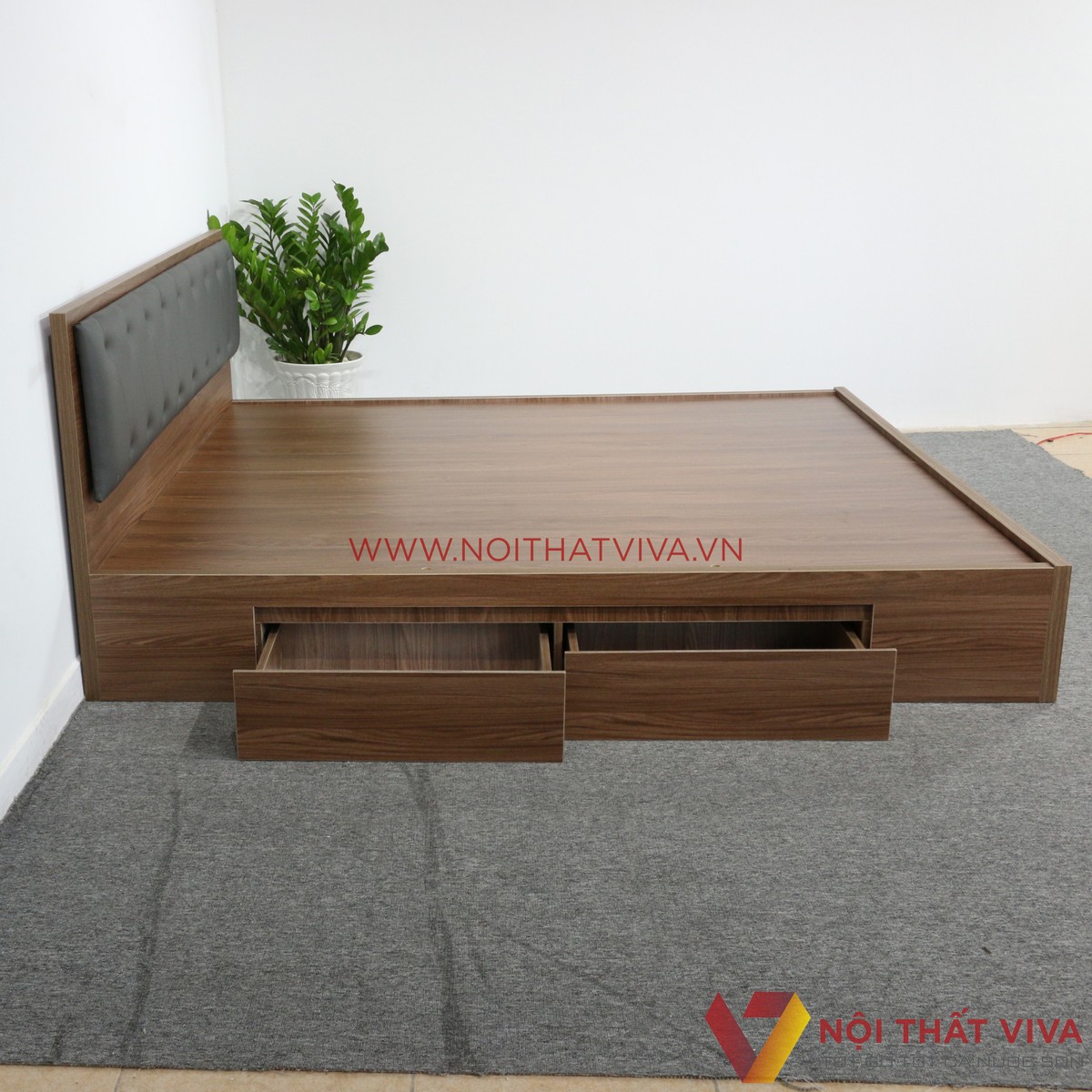 Giường Ngủ Gỗ MDF Phủ Melamine Bọc Nệm Xanh Đậm Có Ngăn Kéo Màu Óc Chó