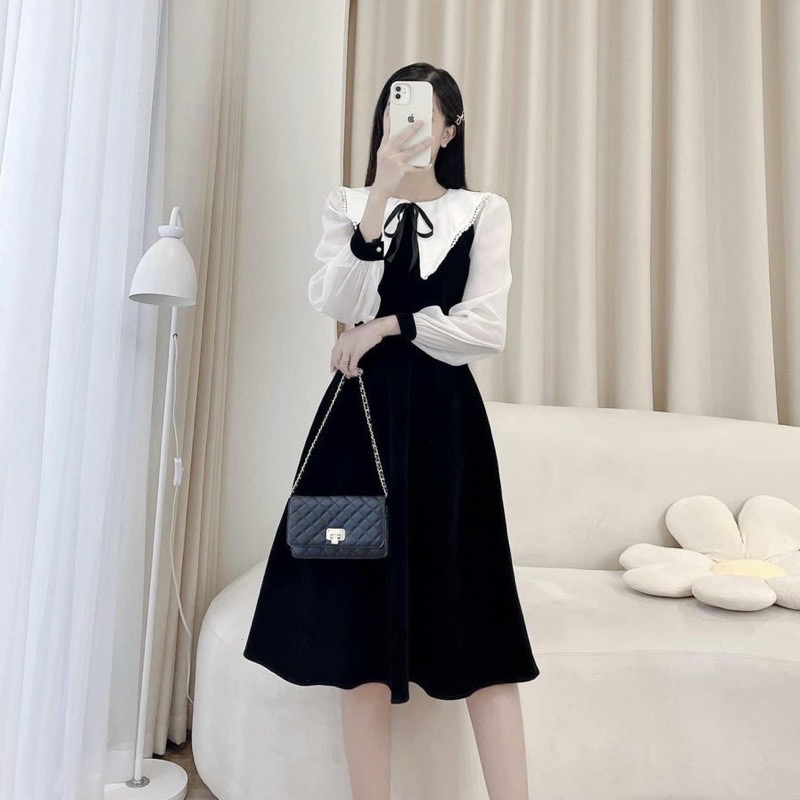 Váy nhung cổ pha trắng