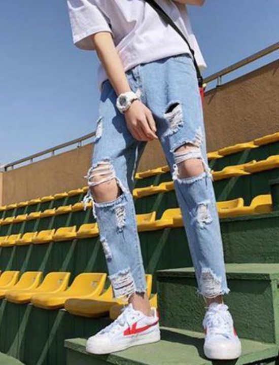 Quần jeans lửng rách gối unisex Mã: ND1590