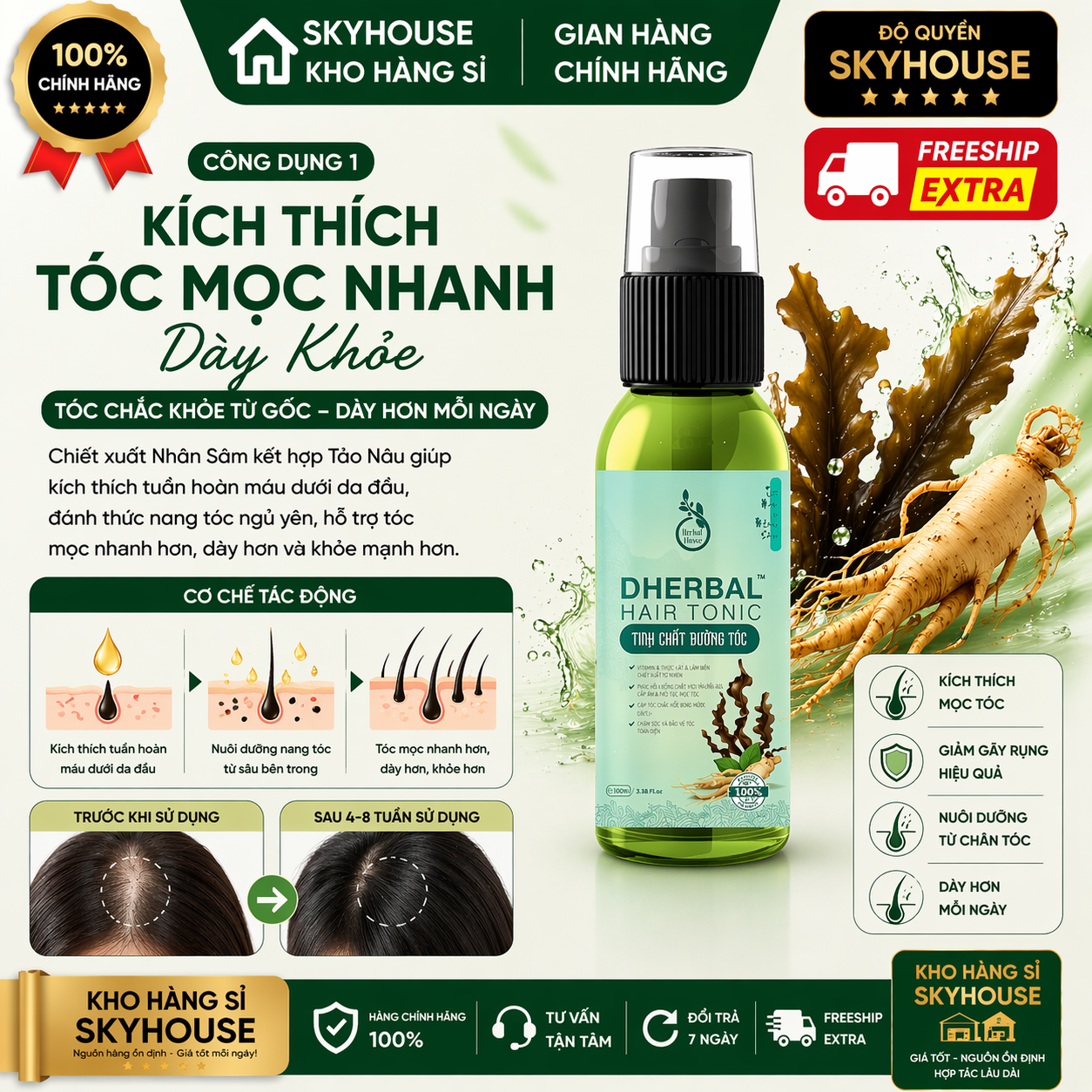 Tinh chất dưỡng tóc thảo dược thiên nhiên chiết xuất tảo nâu nhân sâm độc quyền DHERBAL chai 100ml tinh chất mọc tóc chính hãng