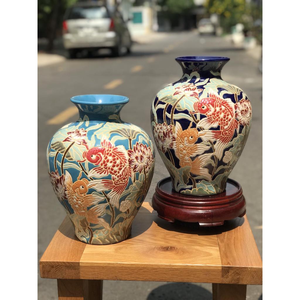 Bình Sen Cá Chép Gốm Sứ Thủ Công Nam Bộ Decor Trang Trí Cắm Hoa 34cm
