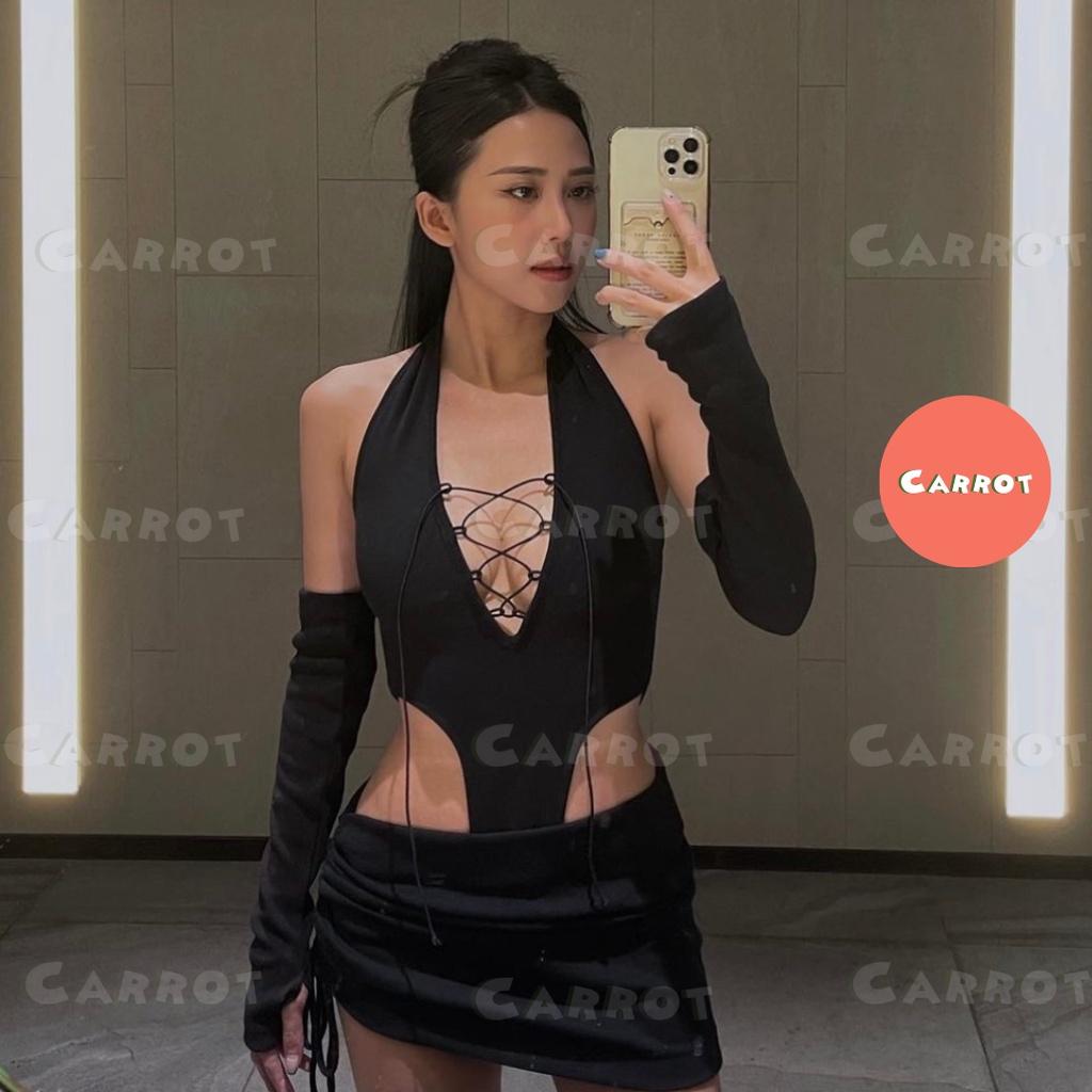Set đồ nữ đi chơi sang chảnh áo croptop tay dài dây chéo chân váy ngắn đen rút dây tôn dáng ôm body carrotxinhdep
