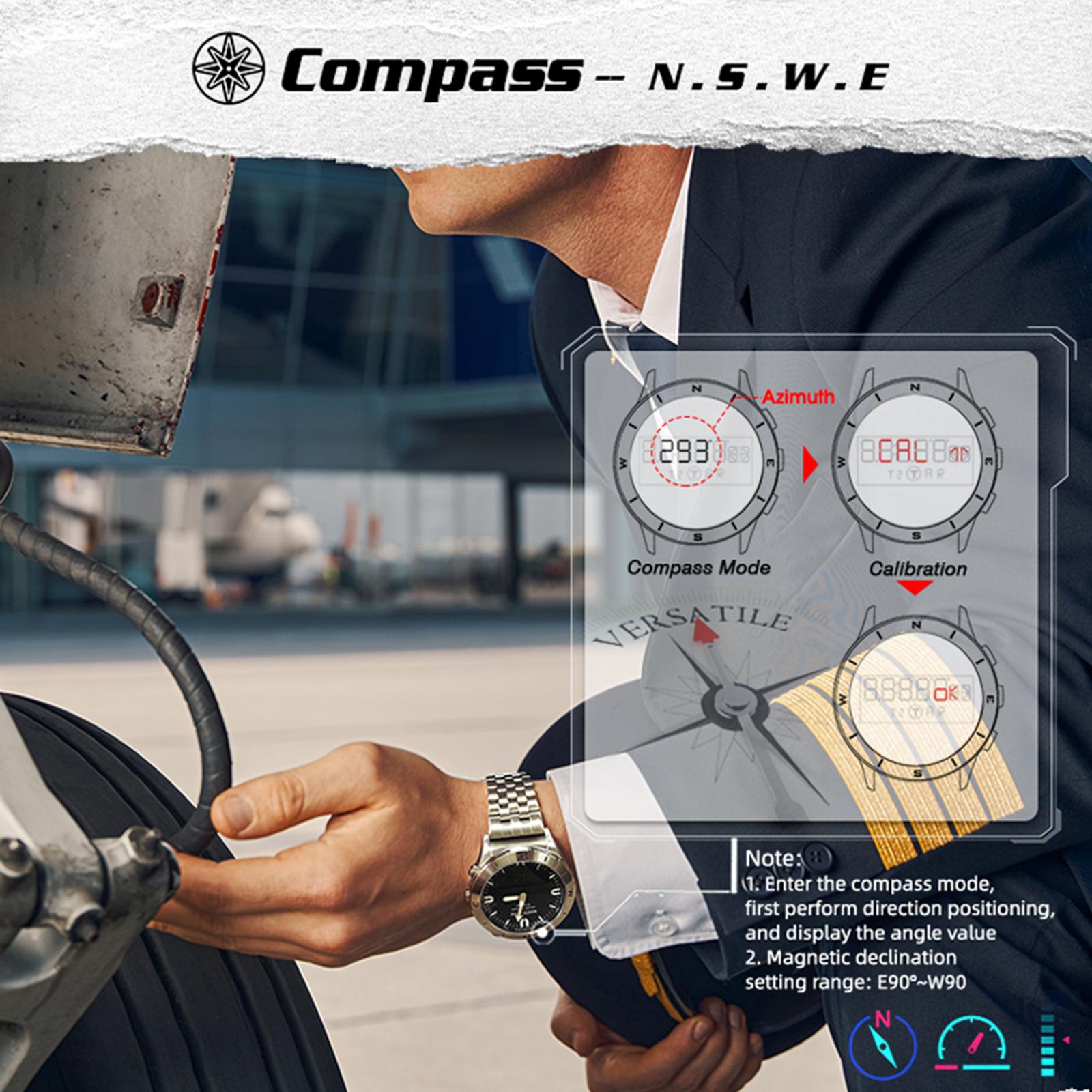 NORTH EDGE Stainless Steel Wrist Watch for Men 50M Waterproof Outdoor Sports Digital Watch with Compass Altimeter Barometer Thermometer