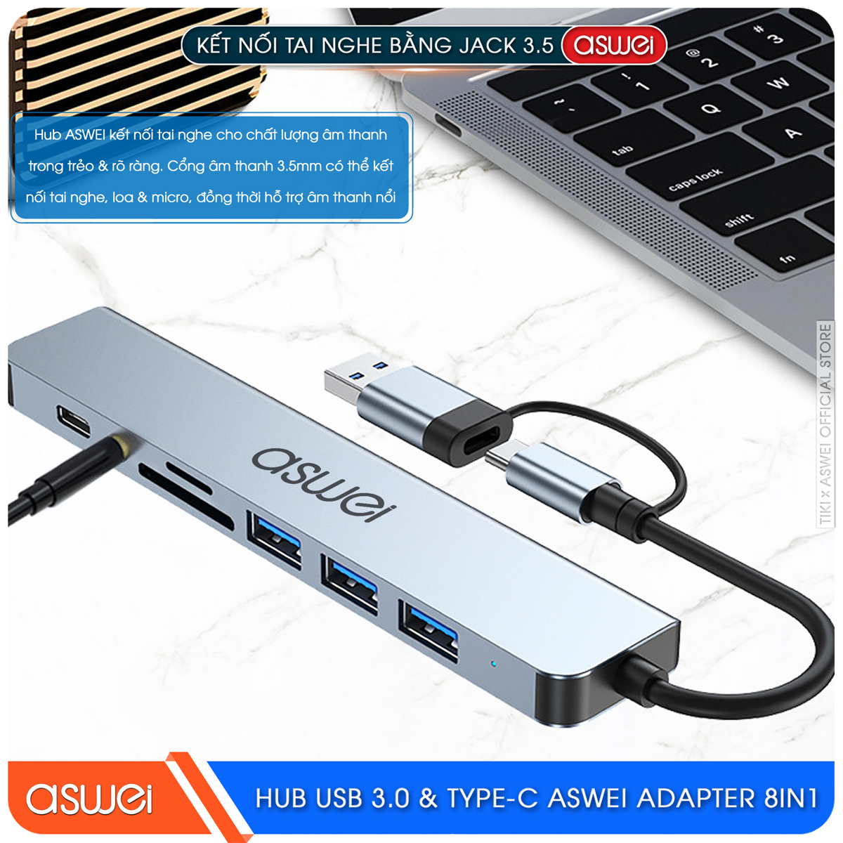 Hub Type C Và Hub USB ASWEI 8 in 1 To USB 3.0, SD, TF, USB C, Audio 3.5 - Hàng Chính Hãng