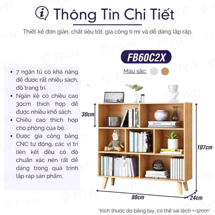 Kệ Sách Gỗ MDF FIVO FB60 (80 x 24 x 107cm) Thiết Kế Đơn Giản (Có Kèm Tấm Lưng) - Hàng Chính Hãng - Màu Vân Gỗ Nhạt