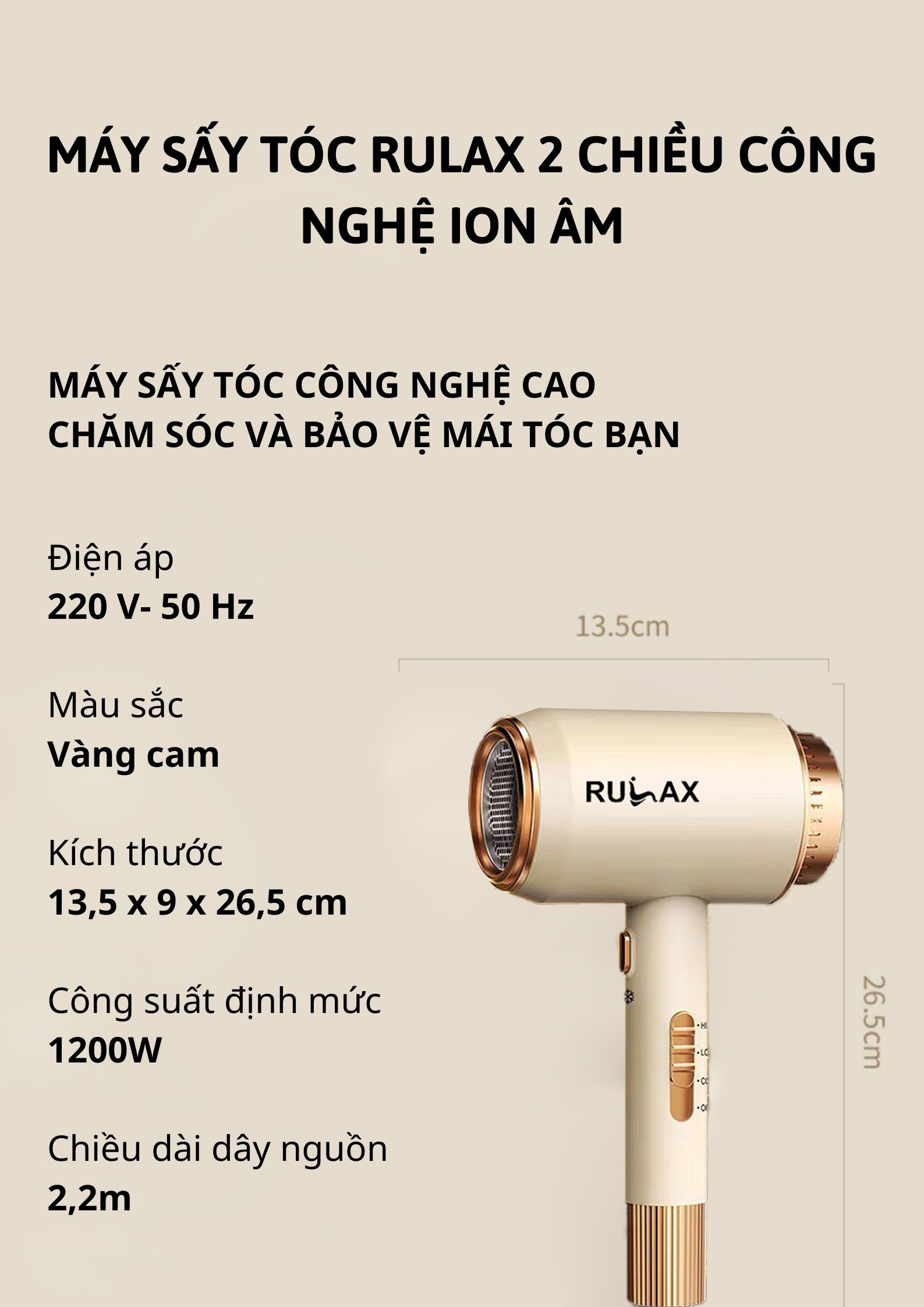 Máy Sấy Tóc Rulax 2 Chiều Nóng Lạnh, Chống Xơ Rối Tóc Bằng Công Nghệ Ion - Hàng Chính Hãng