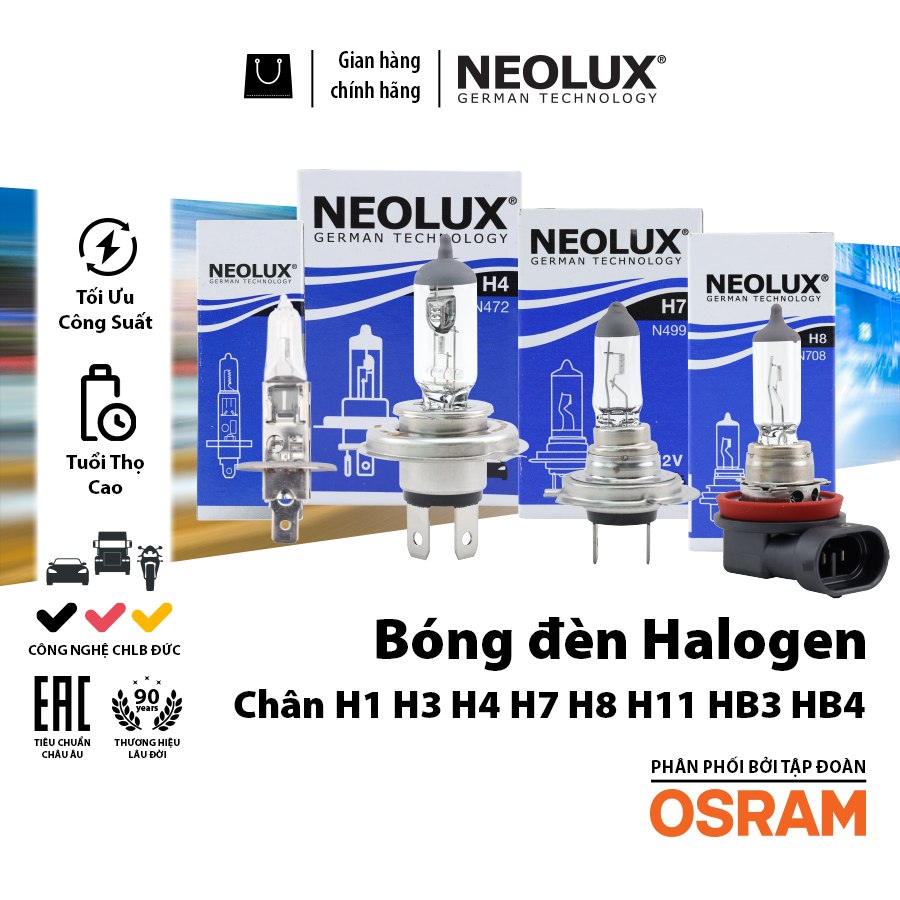 Bóng Đèn Halogen Original OSRAM NEOLUX Dùng Cho Xe Ô Tô Xe Máy Chân H1 H3 H4 H7 H8 H11 HB3 HB4 - Nhập Khẩu Chính Hãng
