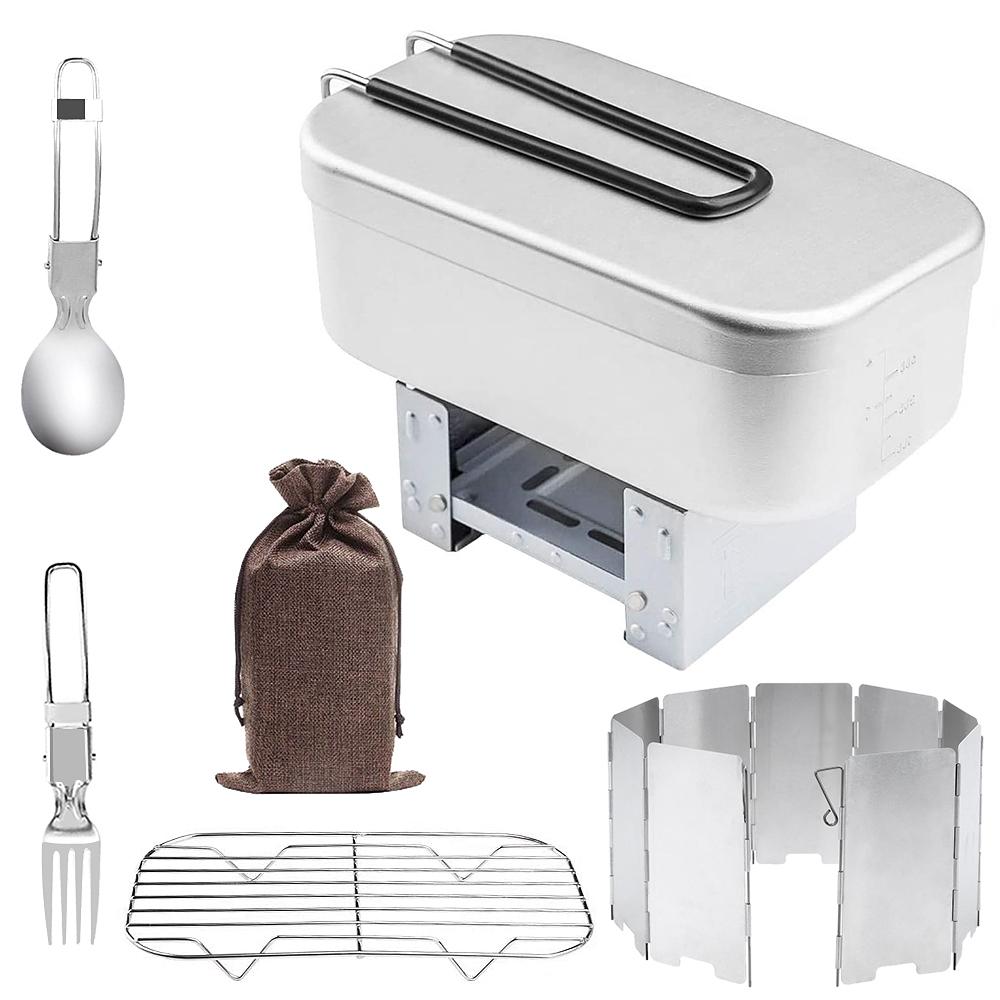 Bộ Combo Bếp Gấp Min Hộp cơm nhôm cao cấp có tay cầm Giá hấp Kính chắn gió Bộ Nĩa Gấp Thìa