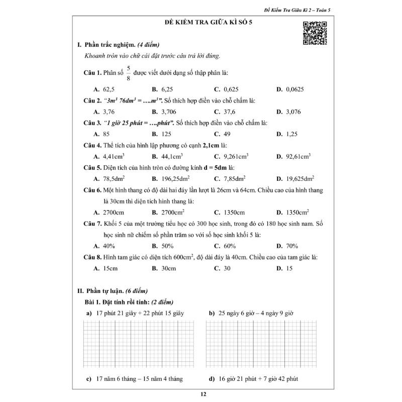 Sách - Đề Kiểm Tra Toán 5 - Học Kì 2 (1 cuốn)