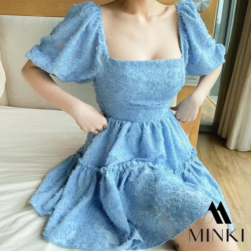 Váy Cổ Vuông Hở Lưng - 100% Lụa Lông Vũ Cao Cấp - 2 màu Xanh - Trắng - Đầm Xòe Tôn Dáng Dáng Yêu